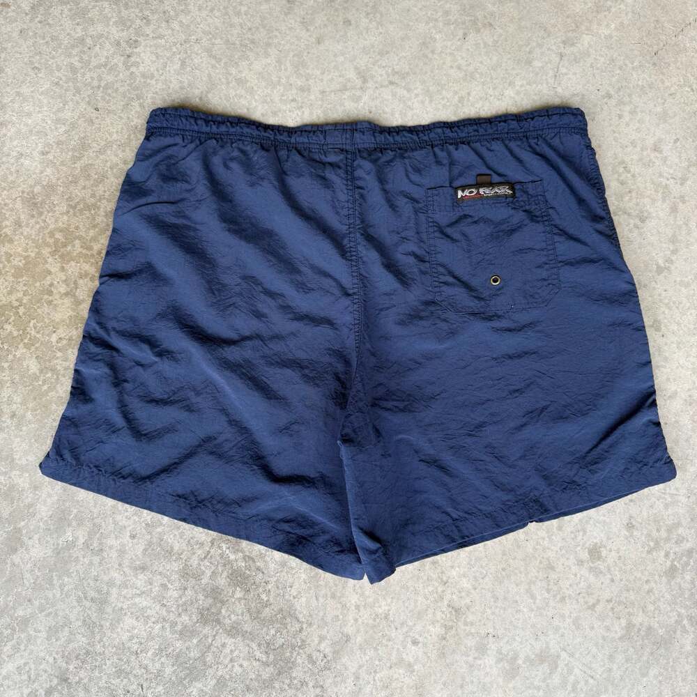 Vintage 90s No Fear Dangerous Sports Gear Navy Blue Nylon Swim Trunks